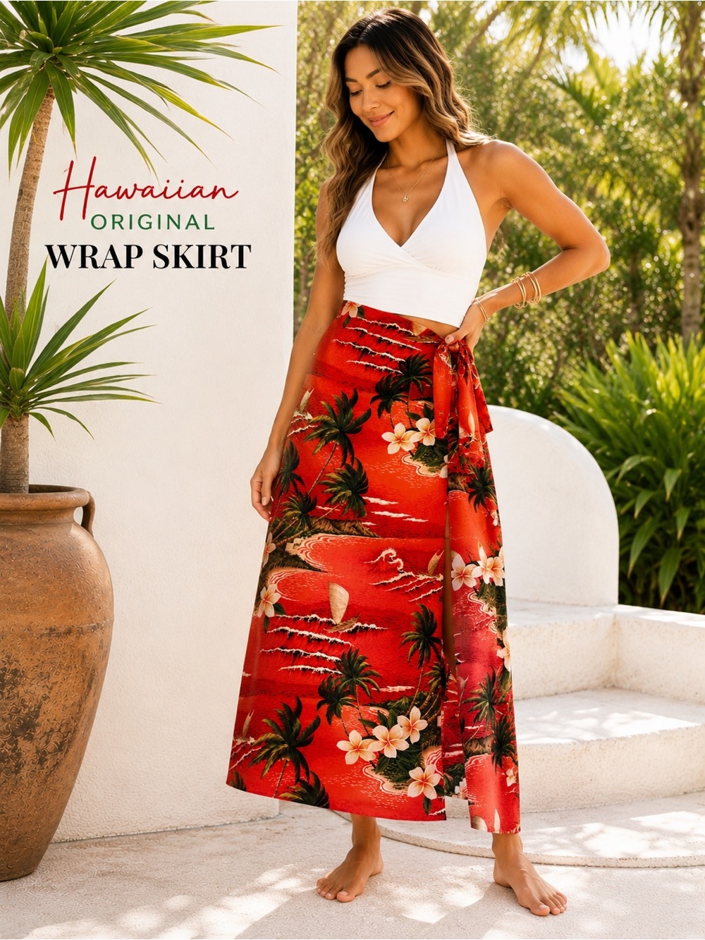 The Hawaiian Original Red Tropical Wrap Skirt XL Adjustable Waist Made in Hawaii